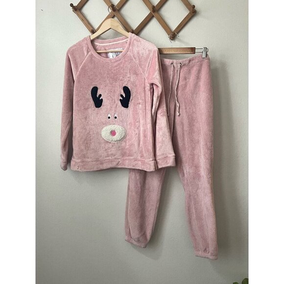 Muk Luks pink reindeer moose womens pajama jogger‎ pant set M - Picture 1 of 7